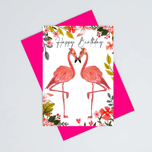 Heart flamingo birthday card