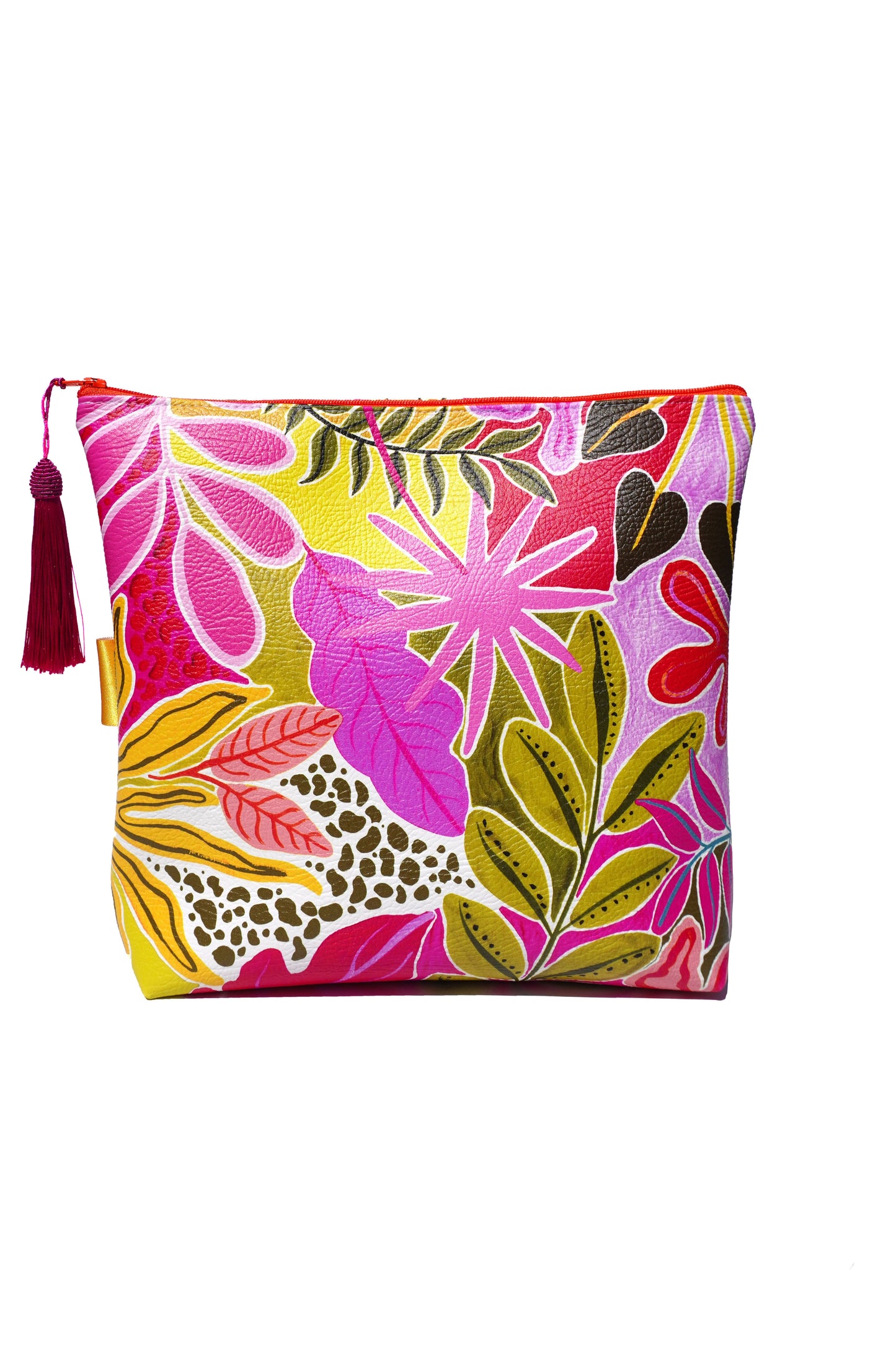 Orange tropicals vegan leather cosmetic bag