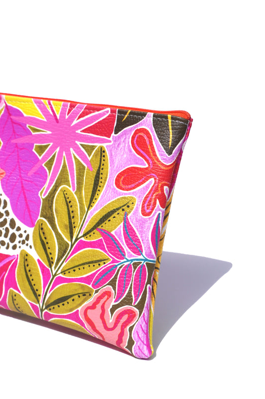 Orange tropicals vegan leather makeup bag