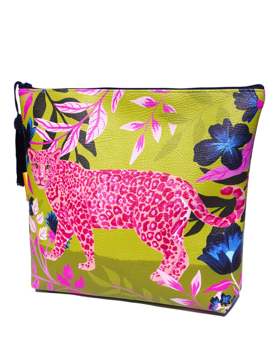 Pink leopard vegan leather cosmetic bag