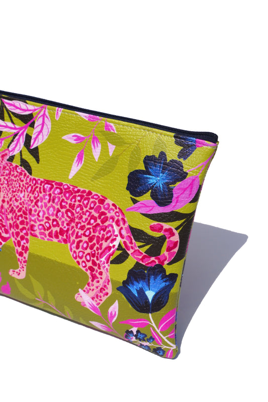 Pink leopard vegan leather makeup bag