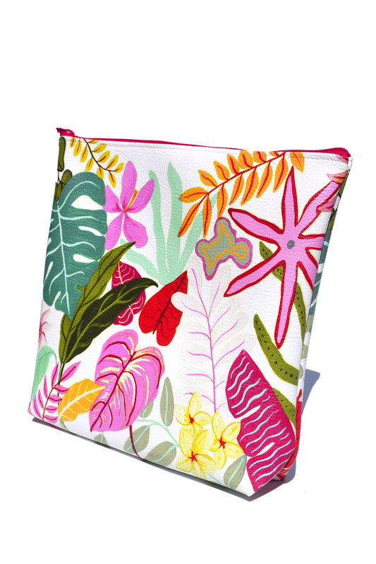 White tropical vegan leather cosmetic bag
