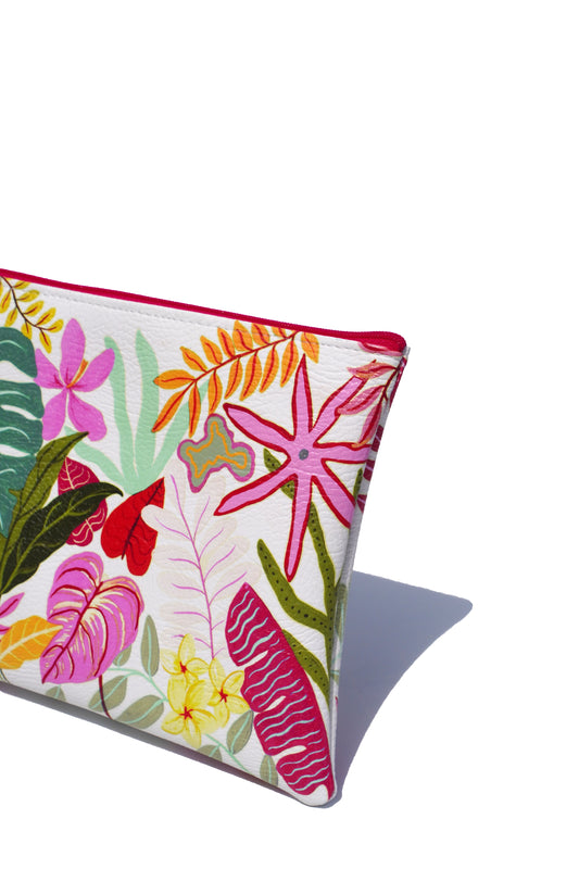 White tropicals vegan leather makeup bag