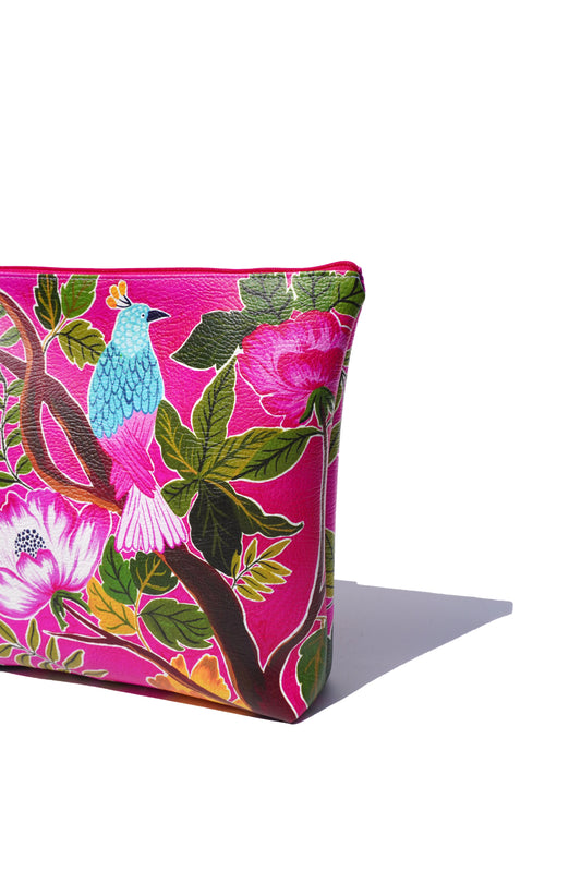 Pink bird vegan leather cosmetic bag