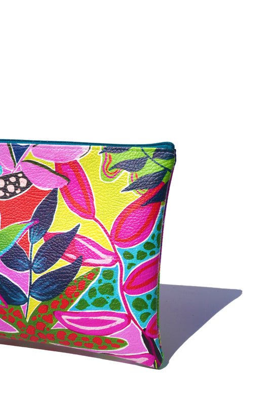 Abstract tropicals vegan leather makeup bag