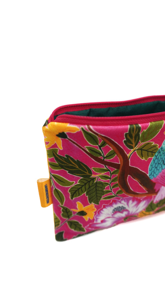 Pink bird velvet makeup bag