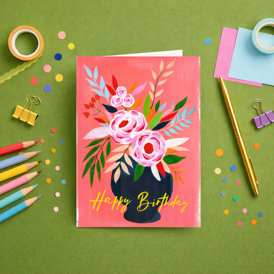 Floral pink vase birthday card