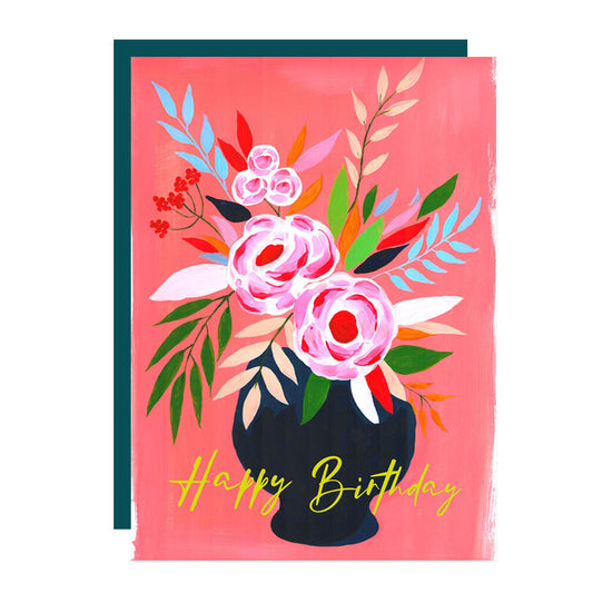 Floral pink vase birthday card