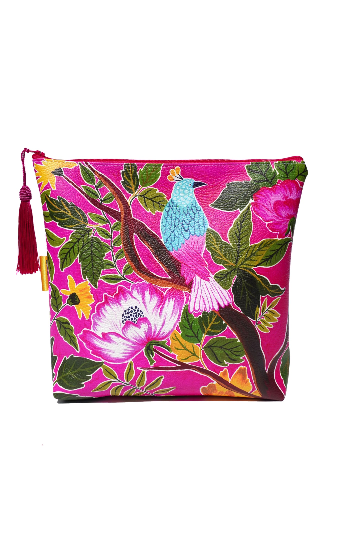 Pink bird vegan leather cosmetic bag