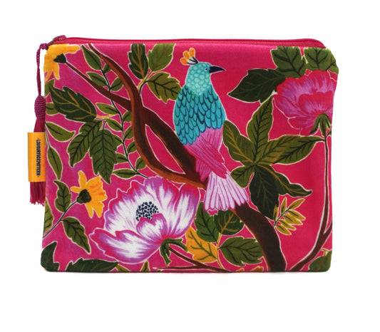 Pink bird velvet makeup bag