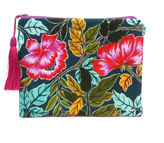 Blue florals velvet makeup bag