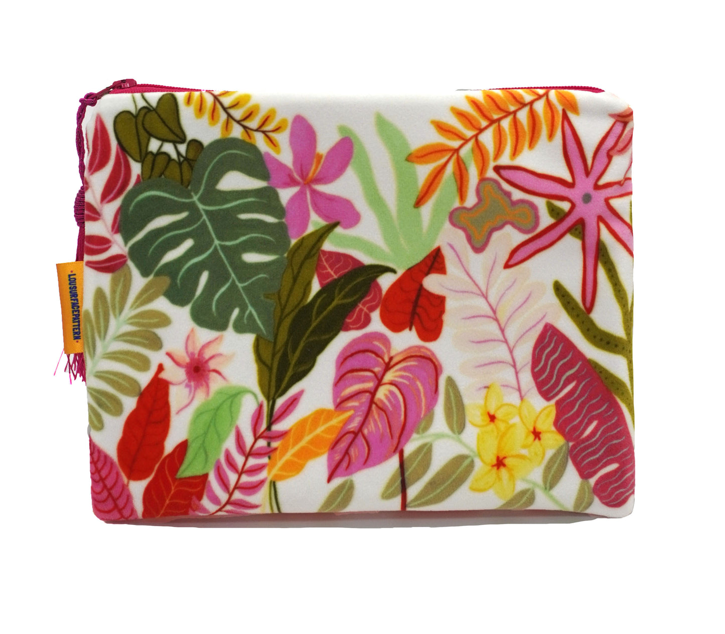 White tropicals velvet makeup bag