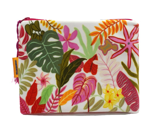 White tropicals velvet makeup bag