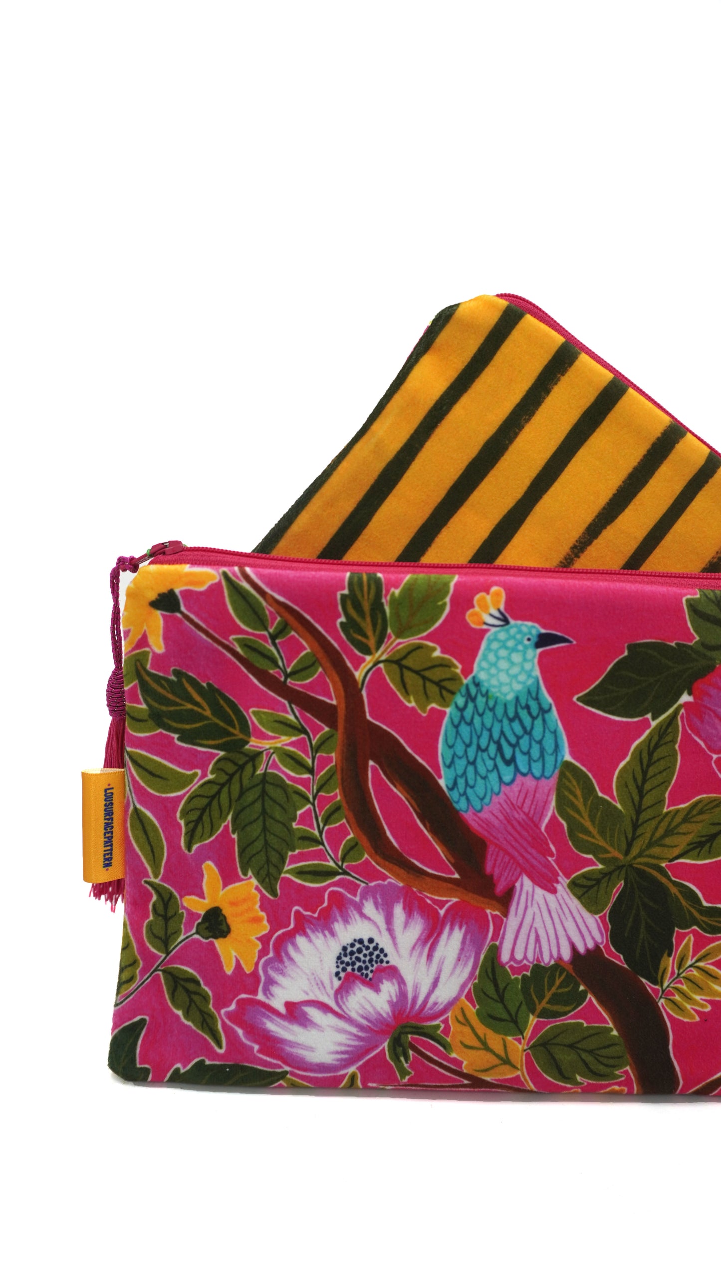 Pink bird velvet makeup bag
