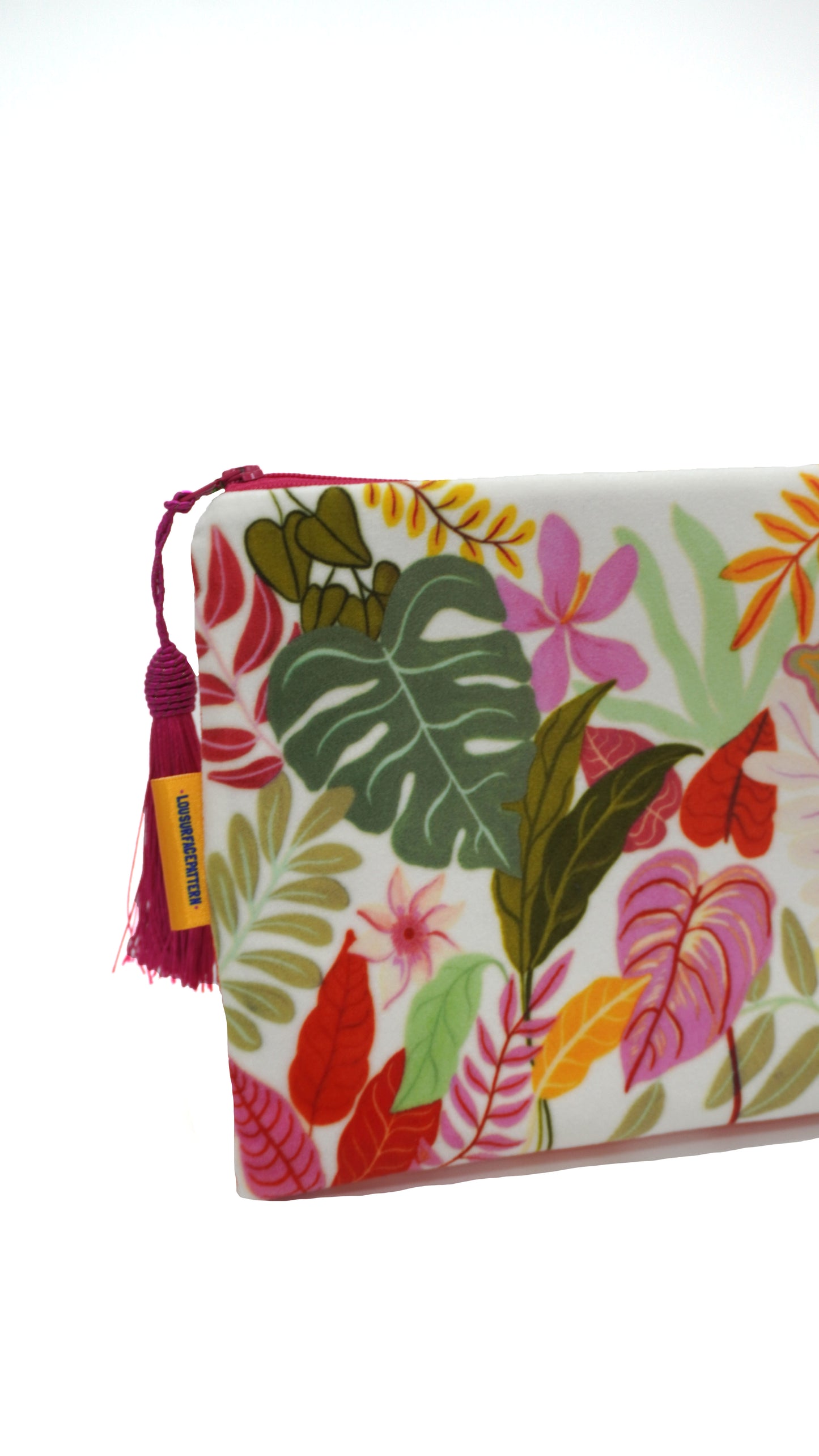 White tropicals velvet makeup bag
